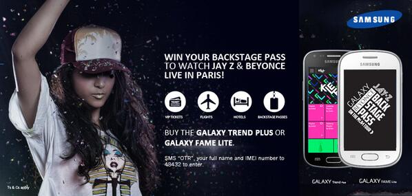 SamsungMobileSA's tweet image. READY! &amp;gt;&amp;gt; WIN yr #GALAXYontherun backstage pass to watch JayZ &amp;amp; @Beyonce LIVE in Paris | T&amp;amp;C's spr.ly/6010Yan4