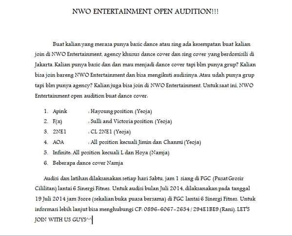 <a href="/blackroseofc/">SISTAR DC</a> [HELP RT] NWOent open audition for dance cover and sing cover. CP: 0896-6067-2654 / 294E1BE9