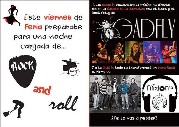 Gadflyband's tweet photo. Este viernes de feria, la noche promete: @Gadflyband + @mixtoneband en la caseta de la Juventud a partir de las 24:00 http://t.co/xDcwF9iLZb