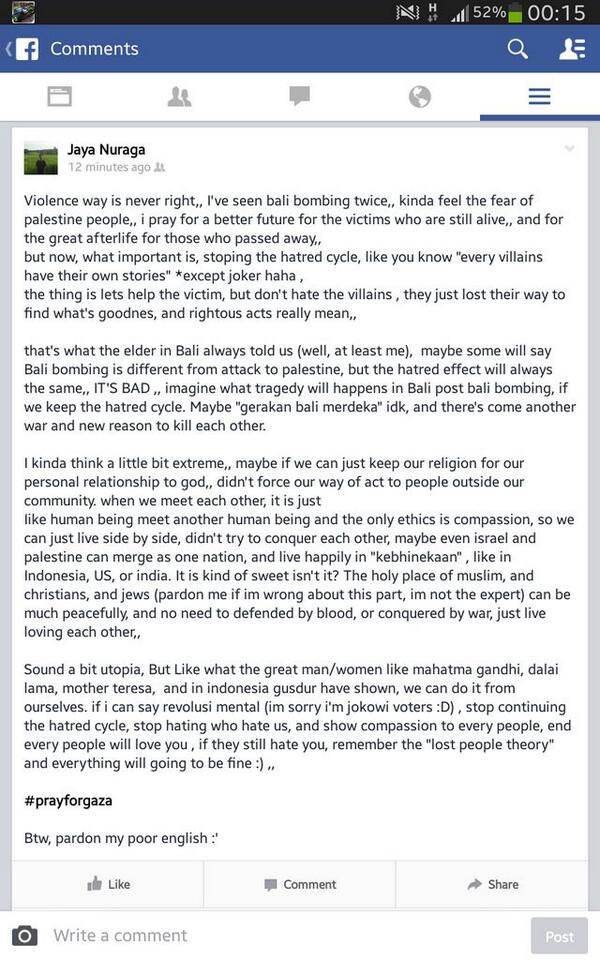 gnjayan's tweet photo. Violence way is never rights, sorry I can't give much, just my though and my pray, #LittleGiftForGaza #PrayForGaza http://t.co/3ZCTqNdsVd