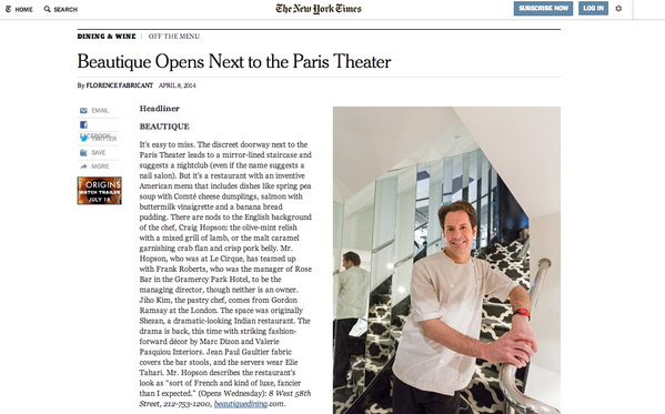 BeautiqueDining's tweet photo. In the #Press: @nytimes recommends Beautique http://t.co/fPAojDtSUJ #luxuryexperience #NYC http://t.co/INIyOg3lBA