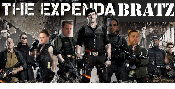 HunkBarn's tweet photo. Hey @Expendables3 , your time is up. Make way for the Expendabratz @jason_levine @BillSanta @TBroKingstar @abarry5 http://t.co/te224OW1hj