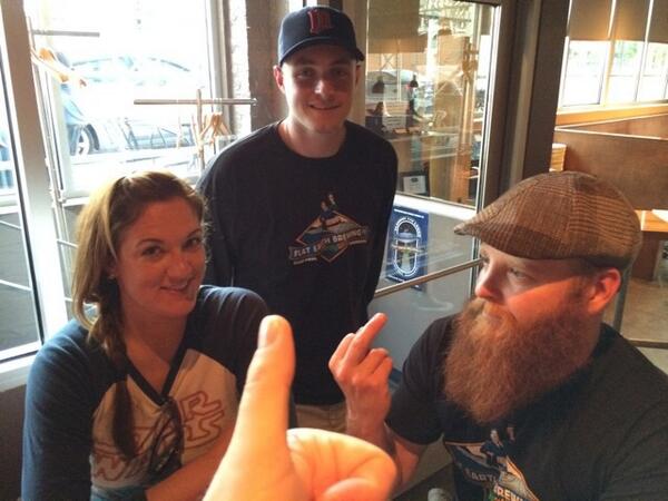 markthompto's tweet photo. Thumbs up to my fave @flatearthbrew lager &amp; @blacksheeppizza. Brewer Bob uses a different digit. #flatearthscavhunt http://t.co/x1NS5db2lT