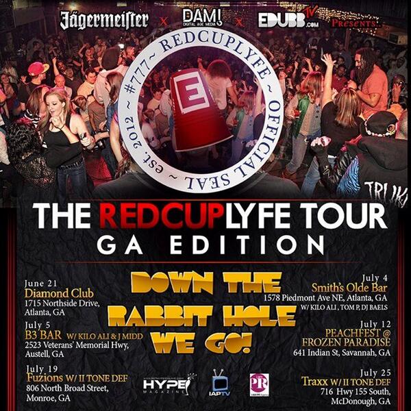 TheHypeMagazine's tweet photo. The #RedCupLyfeTour #Jagermeifter #Dami #Edubbtv #July12th (Peachfest) #July25 (Traxx W/II Tone Def) http://t.co/zkxCOvBE5h