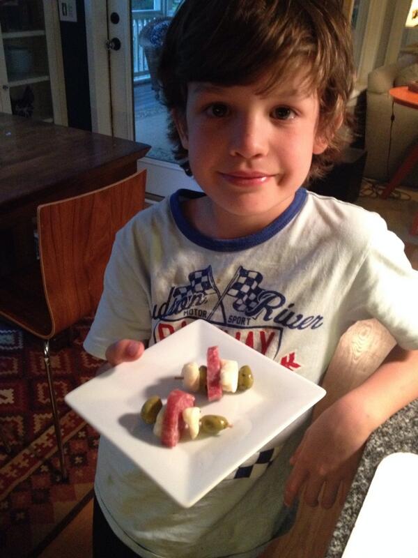 His own creation for "healthy snack class" for school using his favorite oloves, tasty Mediterranean!