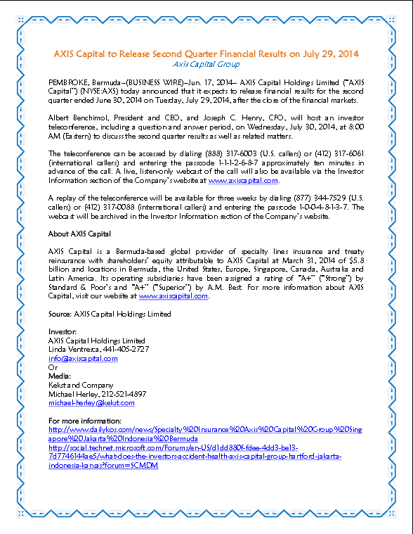 AXIS Capital to Release Second Quarter Financial Results on July 29