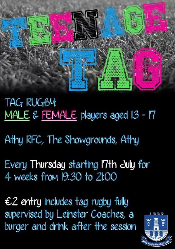 AthyLadiesRugby's tweet photo. @LeinsterWomen Athy launches Teenage Tag Thurs 17th July. We want girls aged 13-17 to come along and try it out! http://t.co/IEQGOeqBvH