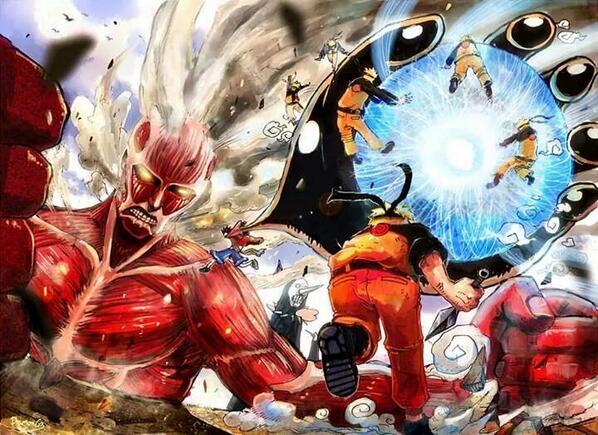 Kingsmxn_'s tweet photo. Trop de puissance dans cette image #Naruto #Luffy vs #TitanColossal http://t.co/0NksydLj8K