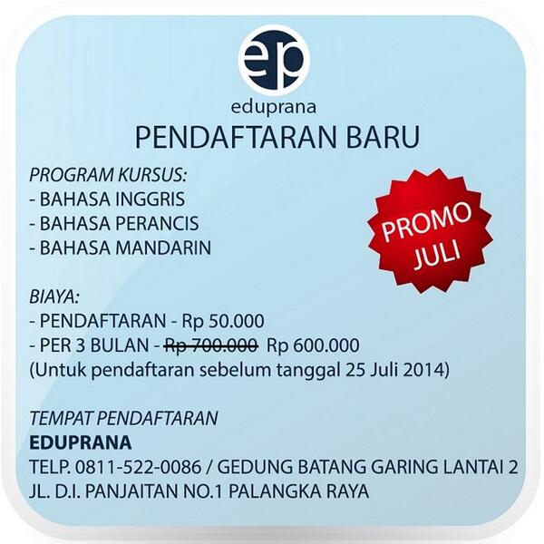 eduprana's tweet photo. @TIMPASofficial Dibuka pendaftaran baru kursus Bahasa Inggris, Perancis, Mandarin di Eduprana Palangka Raya - http://t.co/DHp1tQPTUF