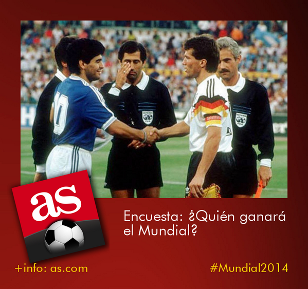 diarioas's tweet photo. Encuesta: ¿Quién ganará el Mundial? #GER vs #ARG #Mundial2014 http://t.co/nnErD3ZEku http://t.co/aFndUkgazf