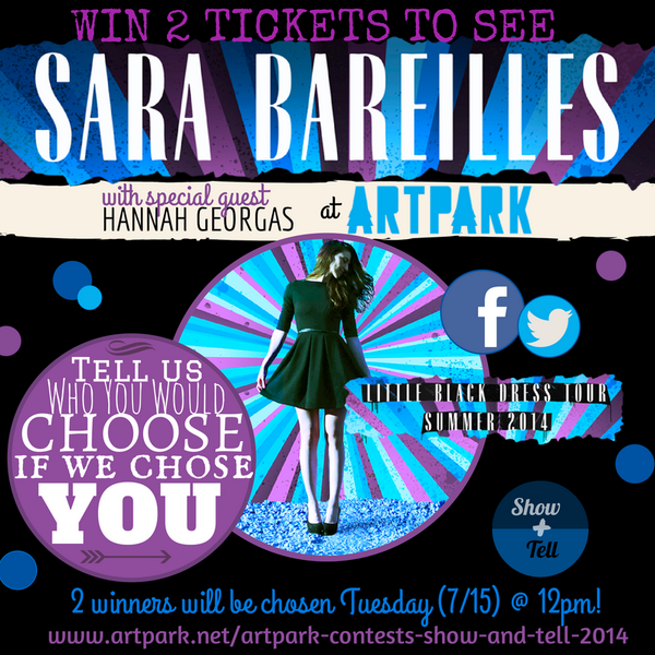 ArtparkNY's tweet photo. Retweet this post to show us that you want us to choose YOU to win tix to see the lovely @SaraBareilles! #artparkWED http://t.co/RAc8153MBZ