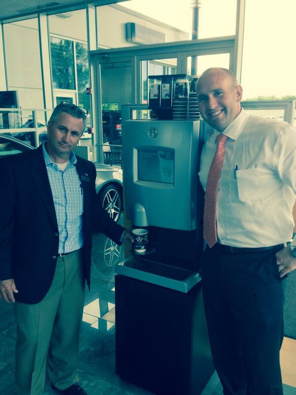 DkeeneSBUX's tweet photo. Chris Caputo GM, Wagner Mercedes &amp; Kevin King, WB Mason enjoy 1st cup from ICUP @ Wagner Mercedes Shrewsbury! http://t.co/X41d8a5xT1