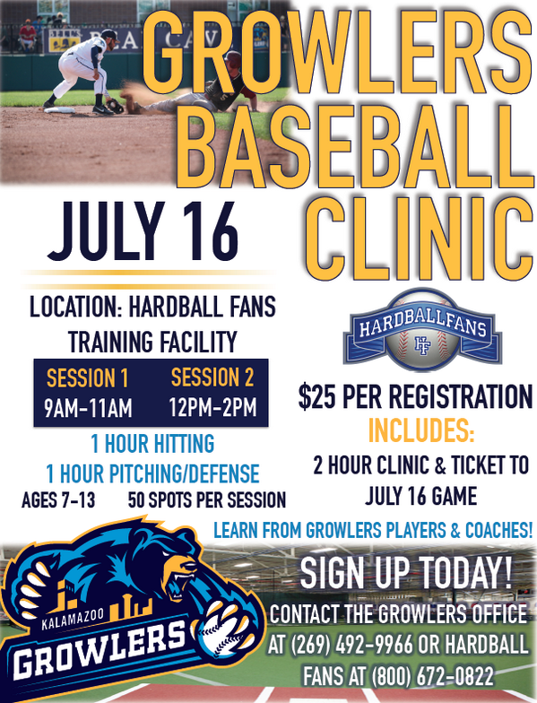 KzooGrowlers's tweet photo. Fans: Spots are STILL AVAILABLE for the Growlers Baseball Clinic @ Hardball Fans! Call 269-492-9966 to sign up today! http://t.co/1SSJdAMavs