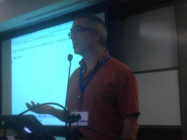 cbcunc's tweet image. Greg Wilson on recomprehensibility at WSSSPE within #SciPyConf