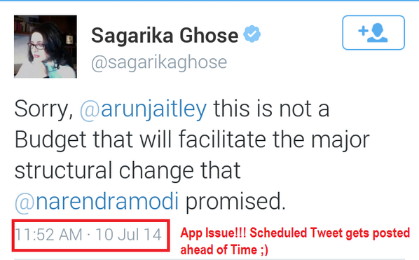 surnell's tweet image. Example of an #AppBug: Paid,Scheduled Tweet of @sagarikaghose gets posted ahead of time.  @arunjaitley @narendramodi