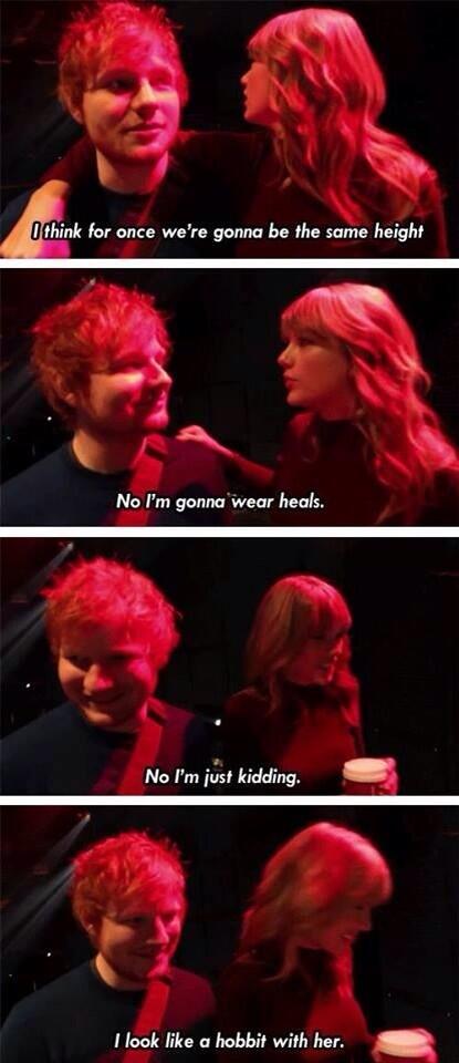 TSThoughtsJPN's tweet photo. Ed:同じくらいの身長になるね
Taylor:そんなわけないじゃない、ヒール履くもん

Taylor:冗談よ！
Ed:Taylorといると自分がまるでホビットみたいだよ http://t.co/hhfIrInkNe