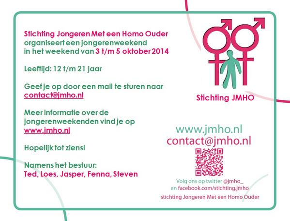 jmho_'s tweet photo. @zwanger_anders Stichting Jongeren Met een Homo Ouder organiseert een jongerenweekend, 3-4-5 okt. Graag RT! #jmho http://t.co/Qz82J8SmNW