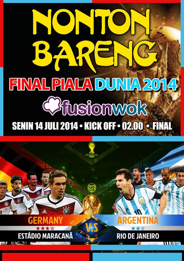 edgesuperblock's tweet photo. Yu nonton bareng Final Piala Dunia 2014, Germany vs Argentina, hanya di fusion wok Don't miss it guys. http://t.co/by8MbC8F9U