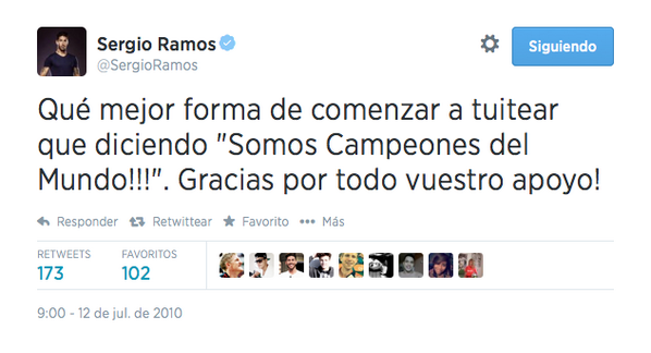SEFutbol's tweet photo. .@SergioRamos abrió su Twitter hace 4 años... ¡Tras ganar el Mundial! Este fue su primer tuit https://t.co/0omtdkeOMS http://t.co/xCgfPVNIon