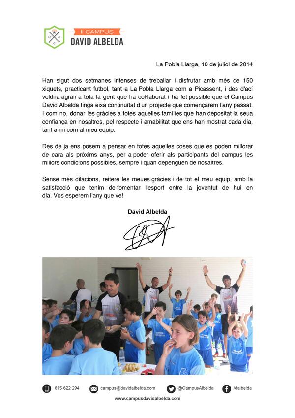 Carta de agradecimiento de <a href="/dalbelda/">david</a> a los participantes en el II Campus David Albelda bit.ly/1kLNk7E