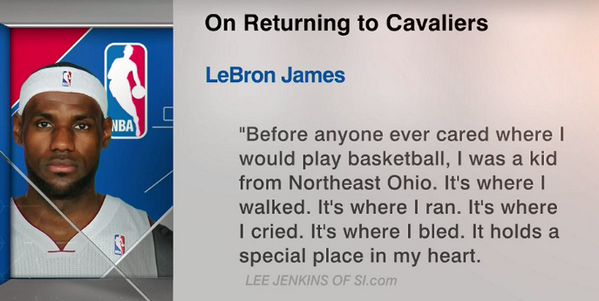 SportsCenter's tweet photo. LeBron tells @SInow why he is returning to Cleveland. http://t.co/2nTBLfS1UH