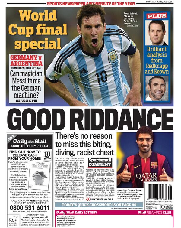 BsSyEE CAAIECn7 Good Riddance! Daily Mail actually PRINT Diving, Biting, Racist Cheat Suarez headline on Saturdays backpage