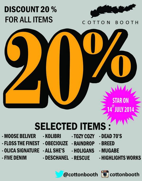 Diskon 20% all item..
#Jl.Bumi No.44 Kebayoran Baru,Jakarta Selatan