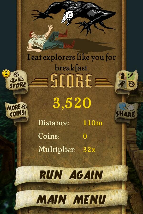 curlylocks87's tweet photo. I got 3,520 points while escaping from demon monkeys. Beat that! http://t.co/2Jmv1X4lzQ #TempleRun http://t.co/fukokVKsJH