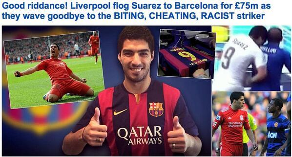 De Daily Mail vindt het niet zo heel erg dat Luis Suárez weg is bij Liverpool... #overdreven