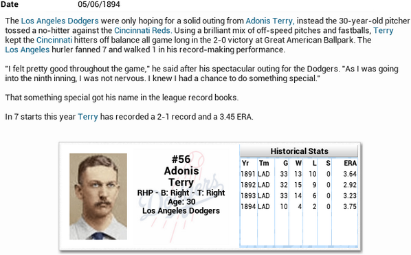MLHistReplay's tweet photo. LA's Terry no-hits Reds. http://t.co/qqJ4gQ3jUk