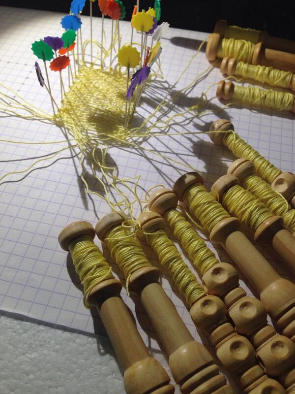 Some yellow thread, bobbins and cheap pins