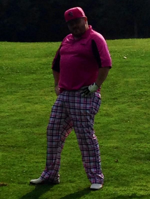 rhowes7's tweet photo. Good round of golf today with the lads @brownie1932. Loving the dress code #veryloud http://t.co/8YLqxrkKJ0