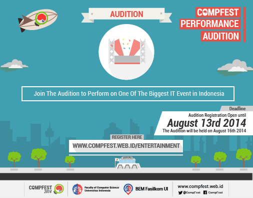 Rizdariz's tweet photo. Pengen terkenal? b̶e̶l̶i̶ ̶f̶o̶l̶l̶o̶w̶e̶r̶ ̶a̶j̶a̶. Gih nampang di panggung @CompFest! ikut audisinya! #IncredibeExp http://t.co/oA2JUZrnq3