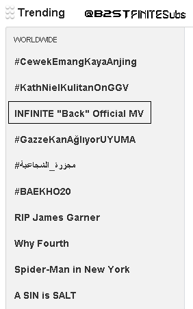 7INFINITESTARS's tweet photo. "@B2STFINITESubs: INFINITE "Back" Official MV is trending #3 Worldwide http://t.co/oFR8hcLjXV"