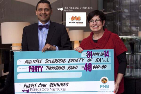 riadmasoet's tweet photo. Purple Cow Ventures is pleased to share that we have donated R40 000 to the MSSA through our MSquerade Dinner for MS http://t.co/YEP7xZqwLW