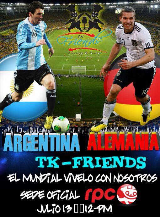 <a href="/TKFriends09/">TK Friends </a> Te invita a la Gran Final del Mundial Brasil 2014 Argentina vs Alemania 2pm Promociones en @secoplatinum