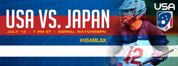 USA_Lacrosse's tweet photo. Watch #USAMLAX TONIGHT vs. @JapanLacrosse 7pm ET on @ESPNU and @ESPN3 http://t.co/CPbq0u8LGA #WorldLax http://t.co/6qrZr1MIAM