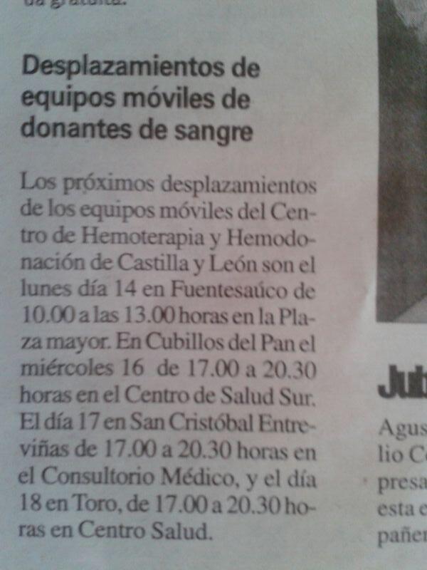 El día 16 de Julio de 17:00 a 20:30h podréis donar sangre en Cubillos. "Una sola letra lo cambia todo, vivirÁ+"