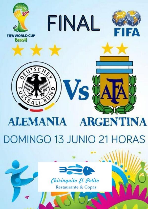 Hoy no puedes perderte la FINAL del MUNDIAL de fútbol Brasil 2014! Te esperamos a las nueve de la noche en EL POTITO