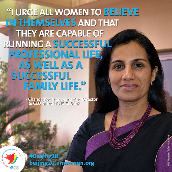 UN_Women's tweet photo. Chanda Kochhar on women leading successful professional &amp; family lives. http://t.co/U8coo73c71 #Beijing20 http://t.co/xCYB8Q0VfC