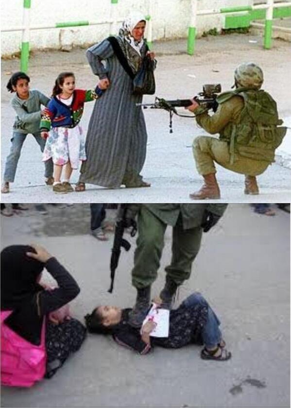 엄마 손을 잡은 아이들 앞에서 엄마의 복부를 총으로 겨누는 이스라엘 병사. 엄마가 보는 앞에서 바닥에 쓰러진 어린이의 복부를 군화발로 밟고 아이의 머리에 총을 겨누는 이스라엘 병사. 모바일용.