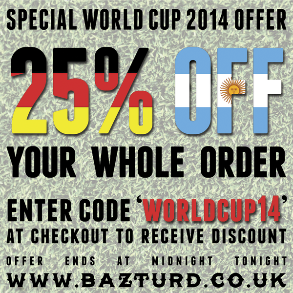 OriginalBazturd's tweet photo. #RT 25% off anything until midnight with code 'WORLDCUP14' #WorldCupFinal #WorldCup2014 http://t.co/JPXOKoVWDA http://t.co/OPK0jxkldZ