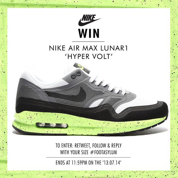 Footasylum's tweet photo. LAST CHANCE: RT &amp; FOLLOW to #win a pair of @Nike Air Max Lunar1 Trainers. ENDS MIDNIGHT. http://t.co/qx7PS9KBuD