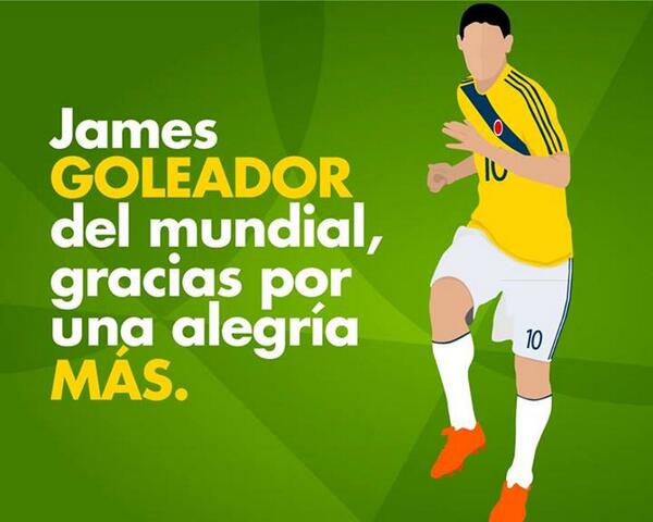 Colombia's tweet photo. Celebremos que #lobuenodeCOlombia es tener al mayor goleador del mundial.
¡Grande @jamesdrodriguez! http://t.co/QdYVJSY3l4
