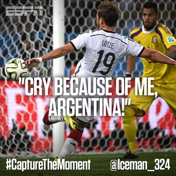 espn's tweet photo. We asked you to #CaptureTheMoment of Götze's goal. @Iceman_324 had this gem, and @Kia will put him on WC Encore. http://t.co/Gb34RDMmWr