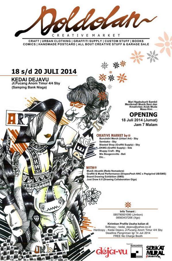 cafedejavu2012's tweet image. Jangan lupa, WAJIB datang ke eventnya anak muda Surabaya #doldolan creative market 18-20 Juli. Call for tenant!