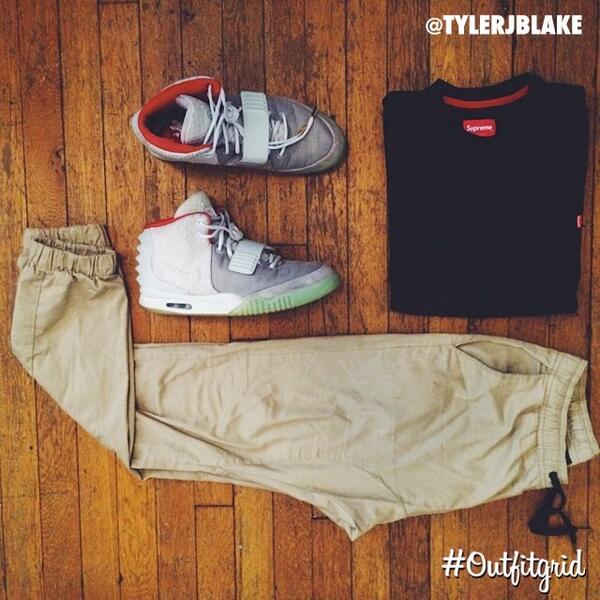 outfitgrid's tweet photo. Today's top #outfitgrid is by @tylerjblake. @Nike #AirYeezy2, @ZANEROBEAus #Joggers, and #Supreme #PocketTee. http://t.co/v58WyYibZh