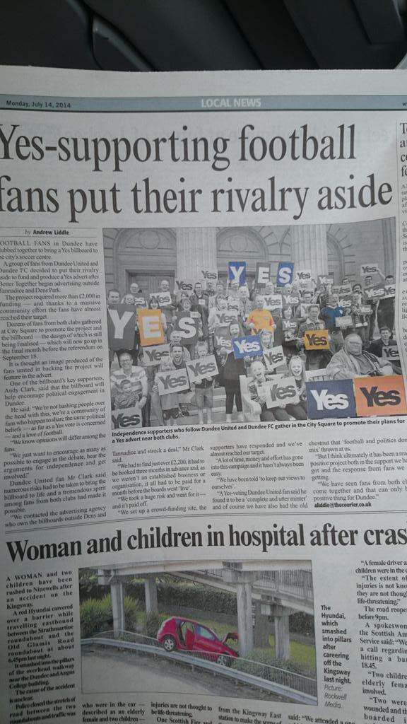 DundeeFans4Yes's tweet photo. Some coverage of our launch in today's @courier_dundee - pick up a copy for the scrapbook! #indyref #voteyes http://t.co/N7C3hZ2mLz