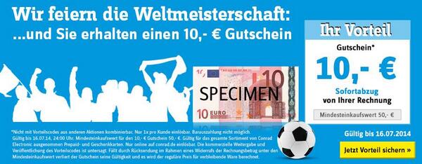 #Conrad Electronic feiert #Weltmeistertitel! bis 16.7. einen 10 € #Rabatt #Gutschein: buff.ly/1jHsfRk