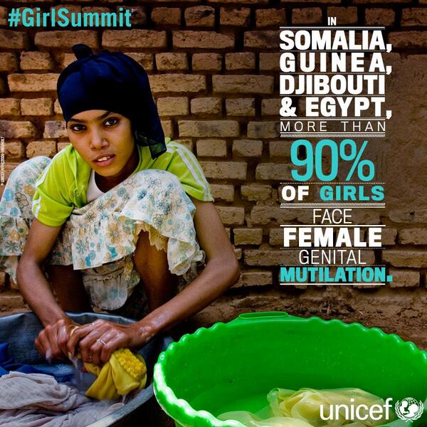 UNICEF's tweet photo. In #Somalia, #Guinea, #Djibouti and #Egypt, more than 90% of girls face #FGM. #GirlSummit #EndFGM http://t.co/nsye6wd3xZ